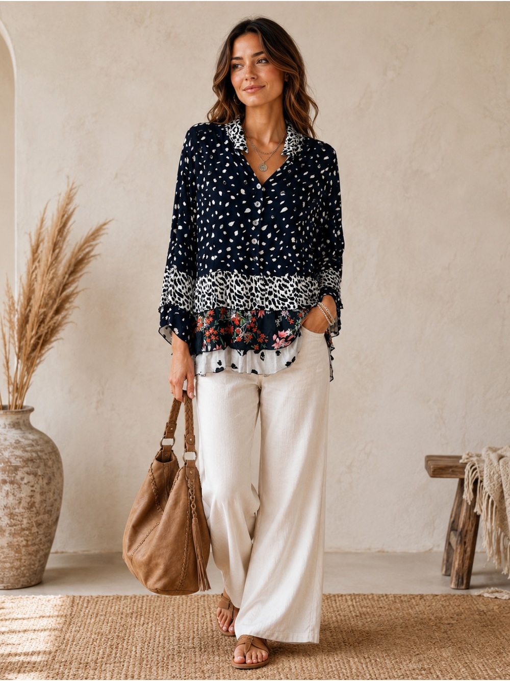 John Mark Black Mixed-Print Button Front Blouse with Floral Hem Plus Size 1X